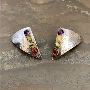 Pretty VTG 925 Silver Silver Post Earrings With  Garnet, Peridot & Amethyst